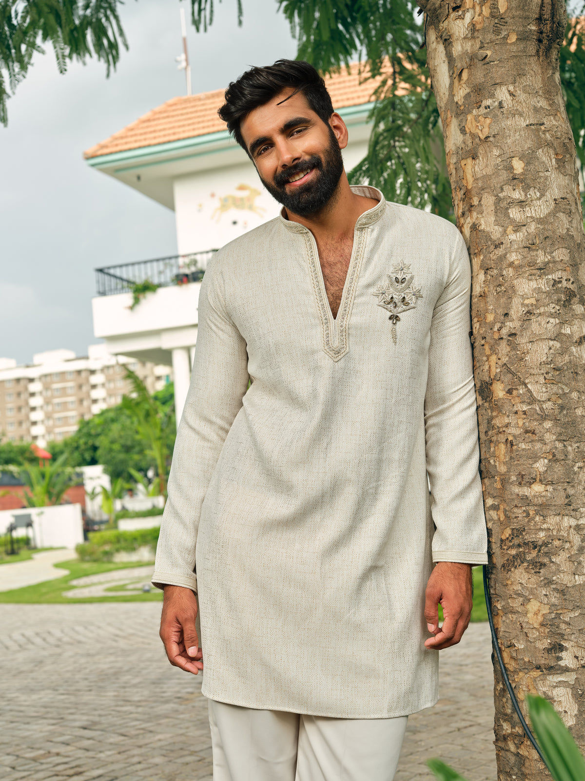 Ivory Japanese Short Kurta Set with Bead Work
