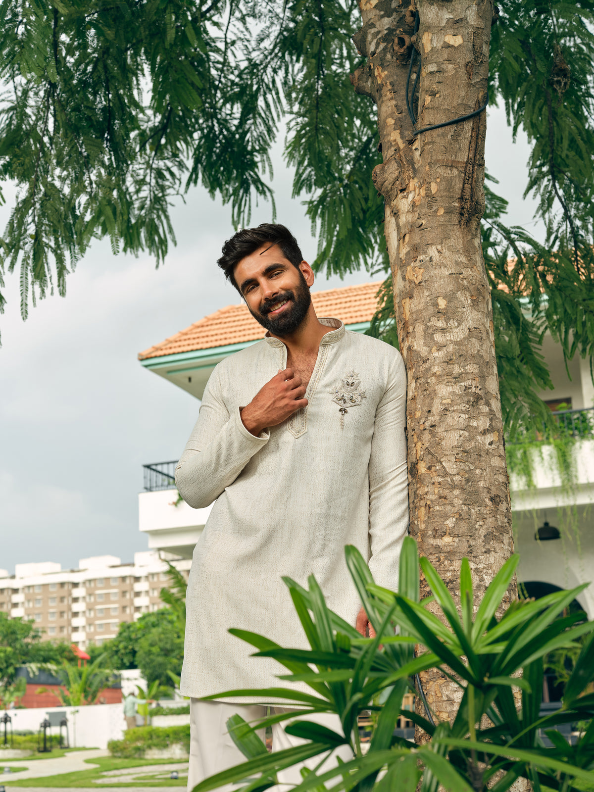 Ivory Japanese Short Kurta Set with Bead Work