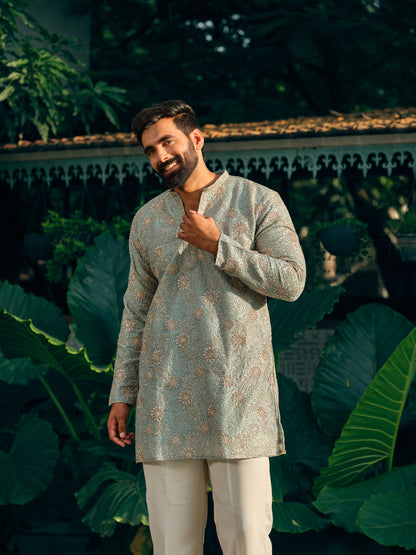 Ice Blue Fandi Short Kurta Set with Matching Dupatta