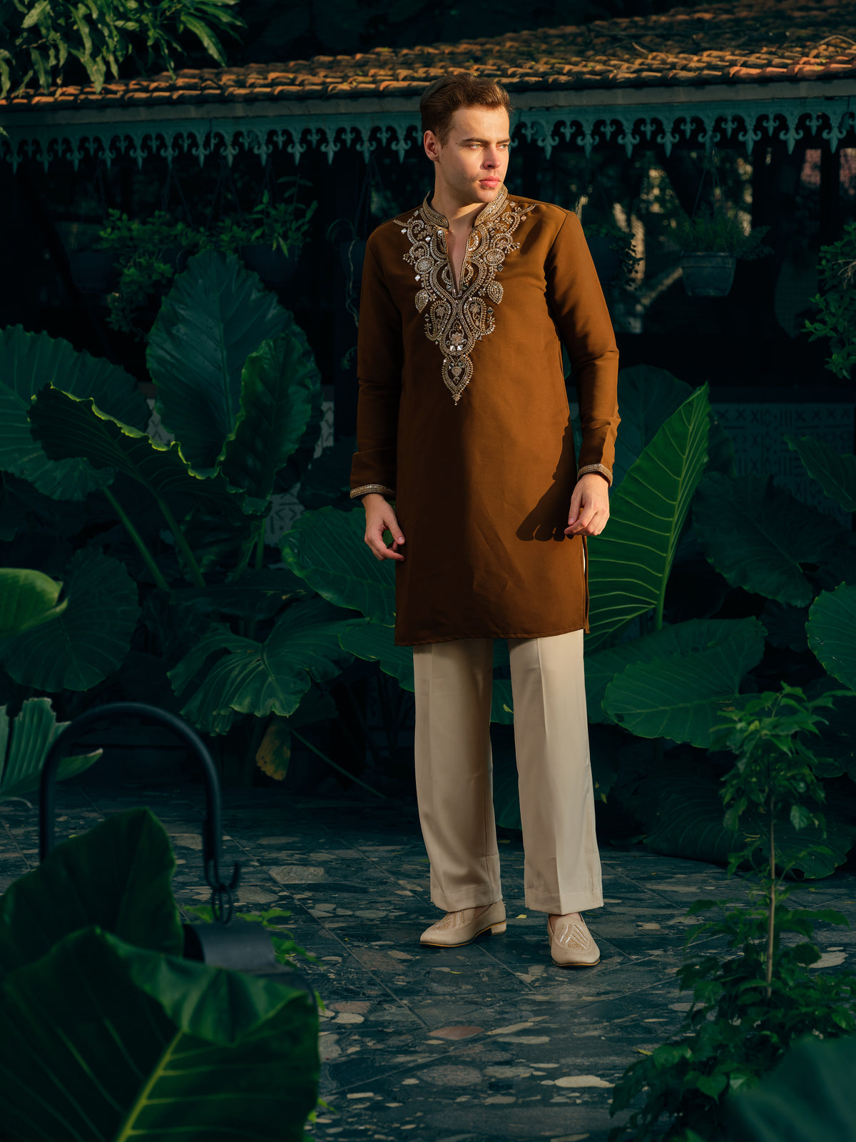 Mocha Brown Japanese Fabric Short Kurta Set with Bead Work