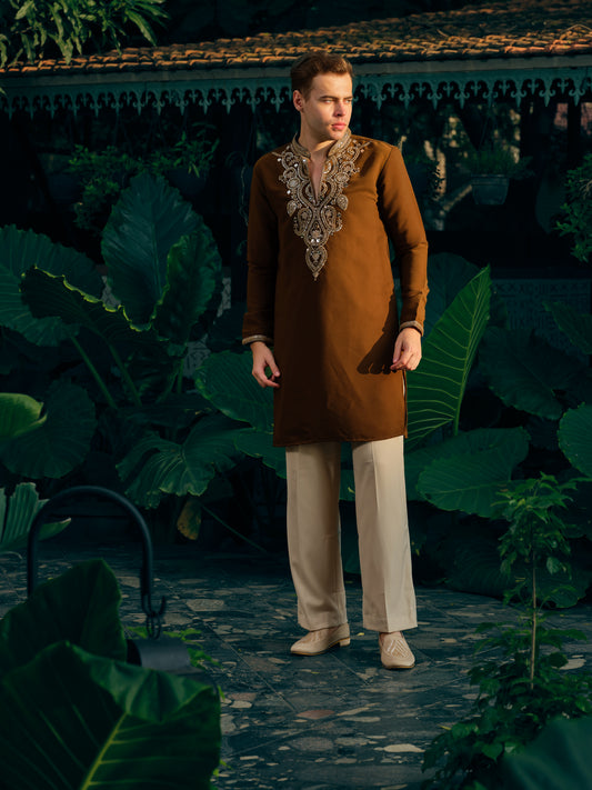Mocha Brown Japanese Fabric Short Kurta Set with Bead Work