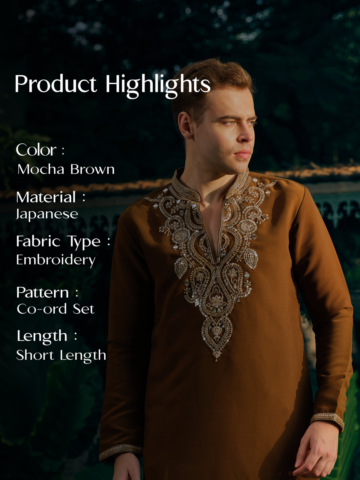 Mocha Brown Japanese Fabric Short Kurta Set with Bead Work