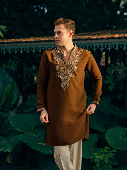 Mocha Brown Japanese Fabric Short Kurta Set with Bead Work