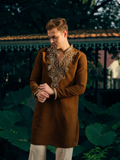 Mocha Brown Japanese Fabric Short Kurta Set with Bead Work