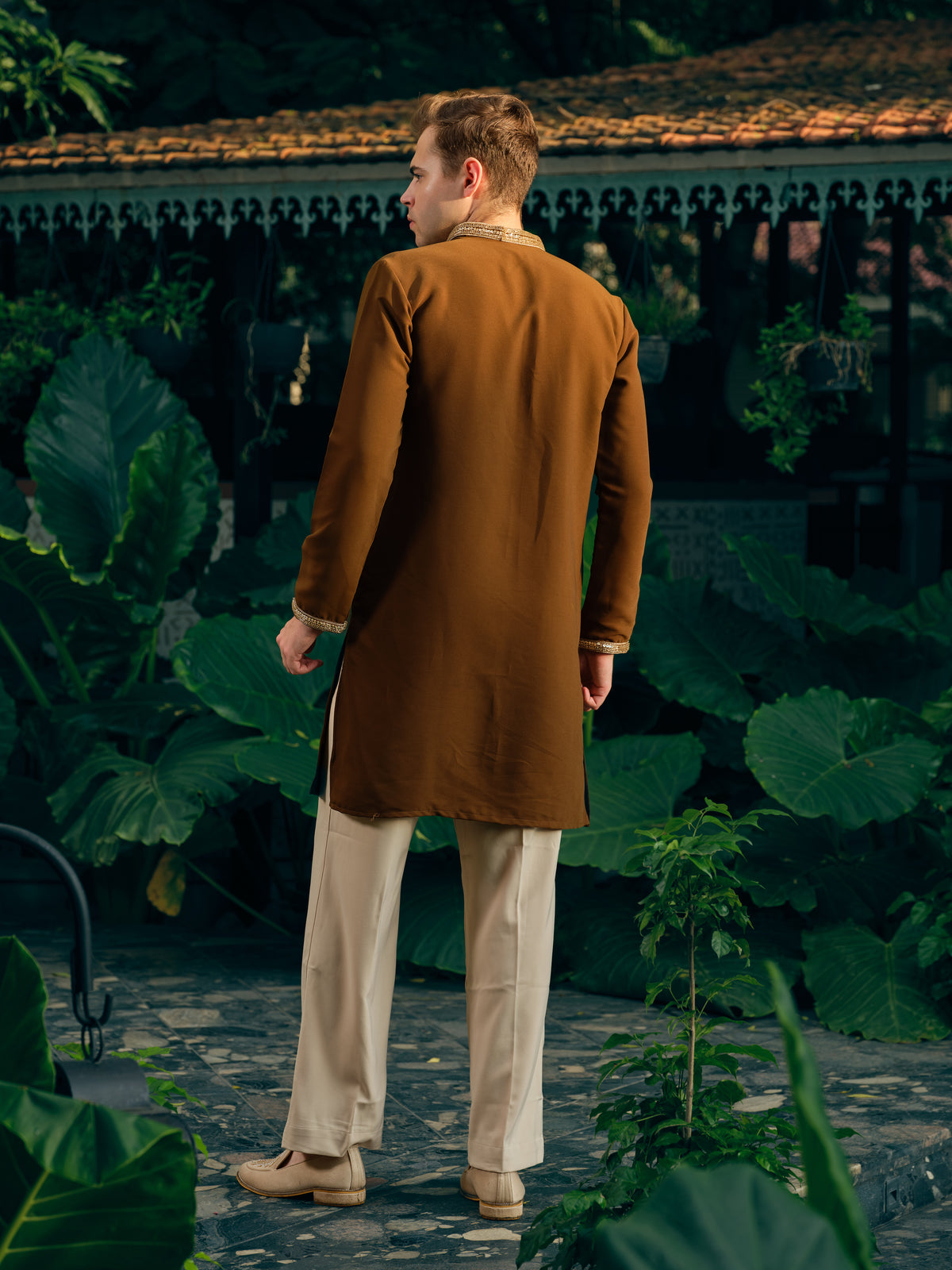 Mocha Brown Japanese Fabric Short Kurta Set with Bead Work