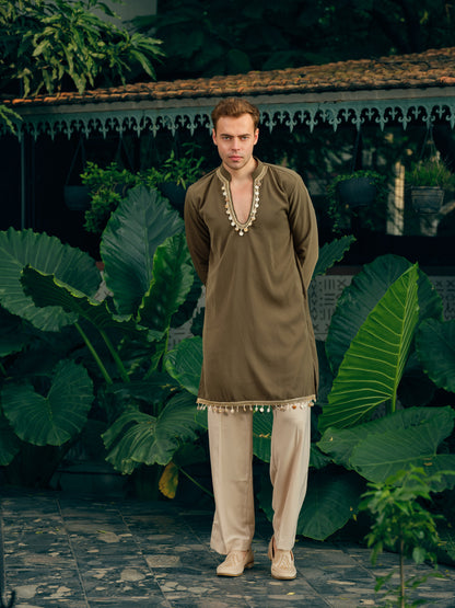 Dark Olive Japanese Kurta Dupatta Set with Lace Work