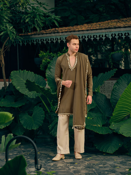 Dark Olive Japanese Kurta Dupatta Set with Lace Work