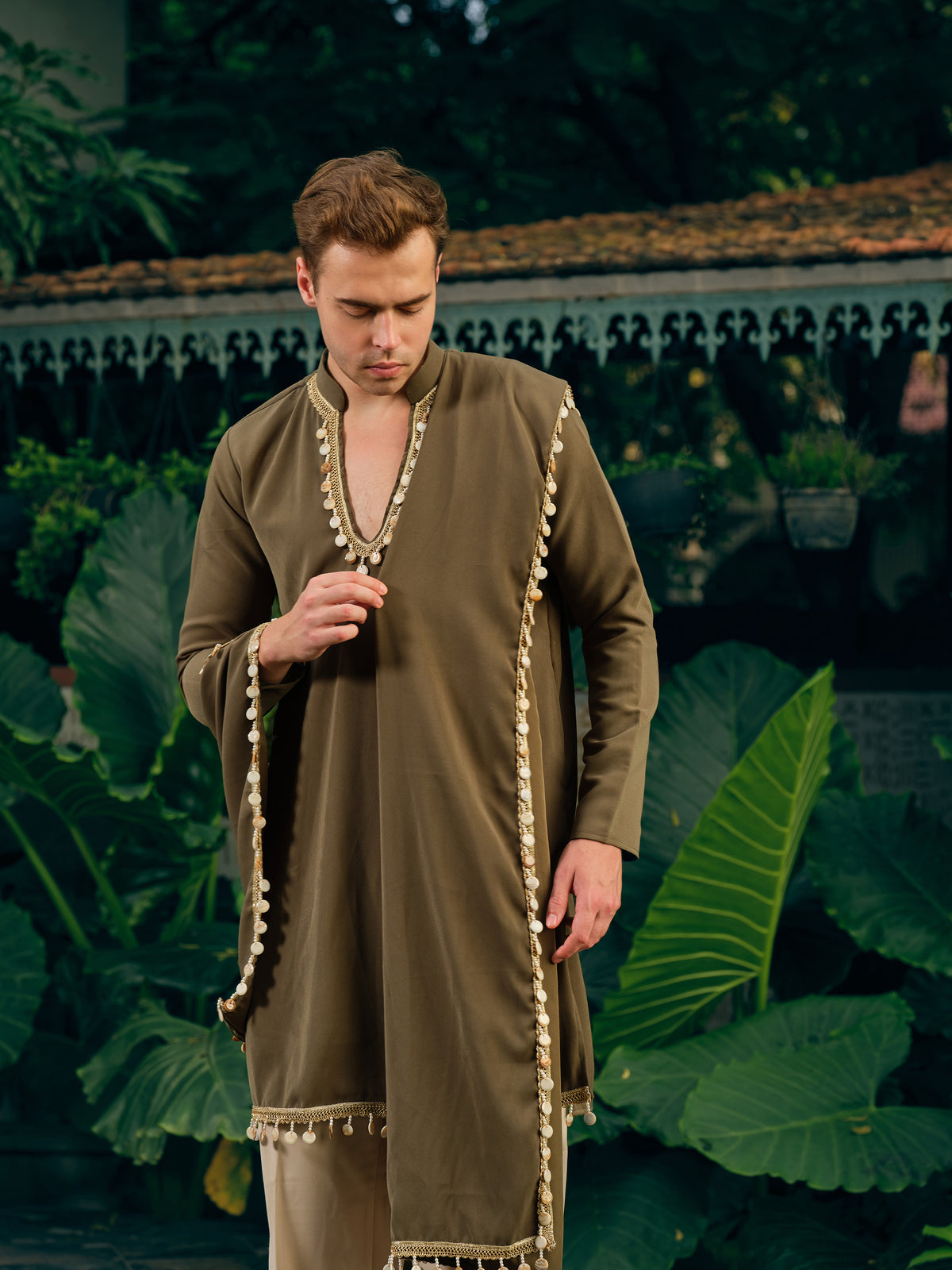 Dark Olive Japanese Kurta Dupatta Set with Lace Work