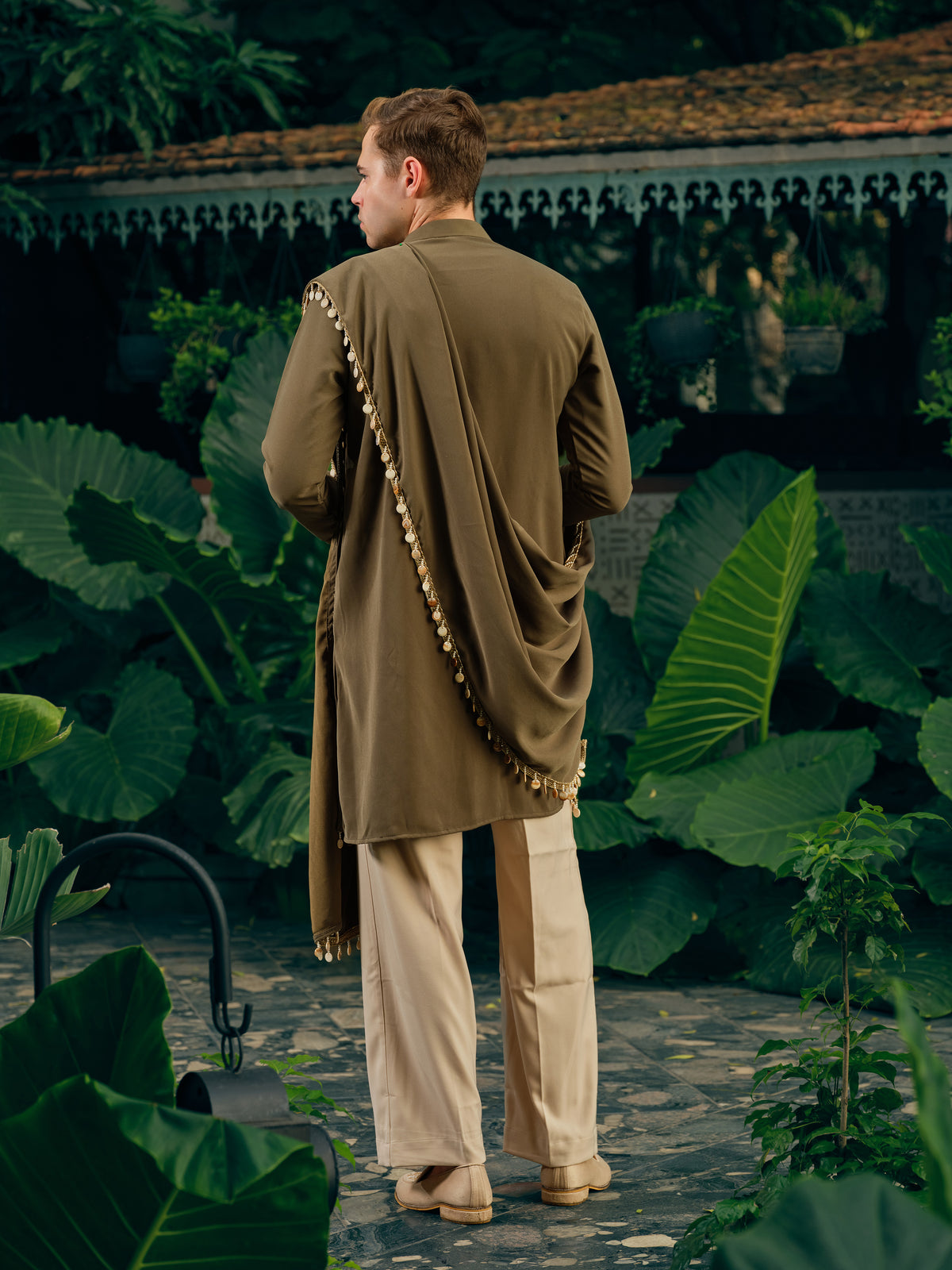 Dark Olive Japanese Kurta Dupatta Set with Lace Work