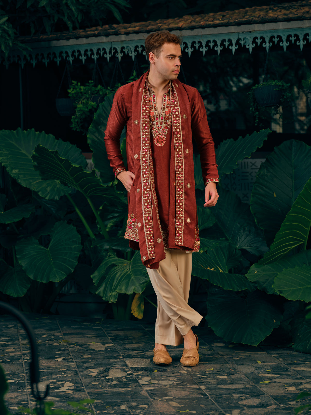 Copper Rust Korean Velvet Kurta Dupatta Set with Embroidery