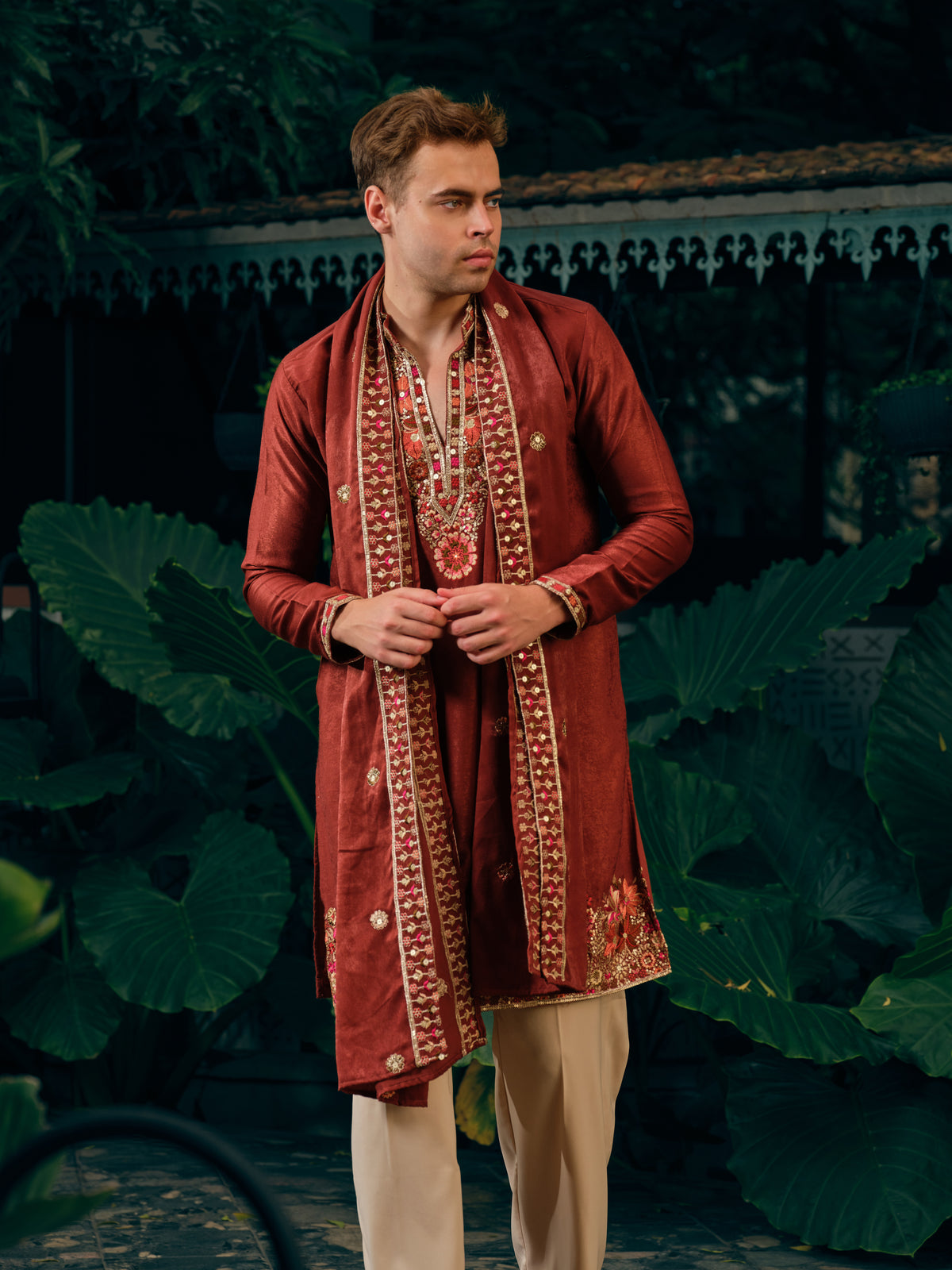 Copper Rust Korean Velvet Kurta Dupatta Set with Embroidery