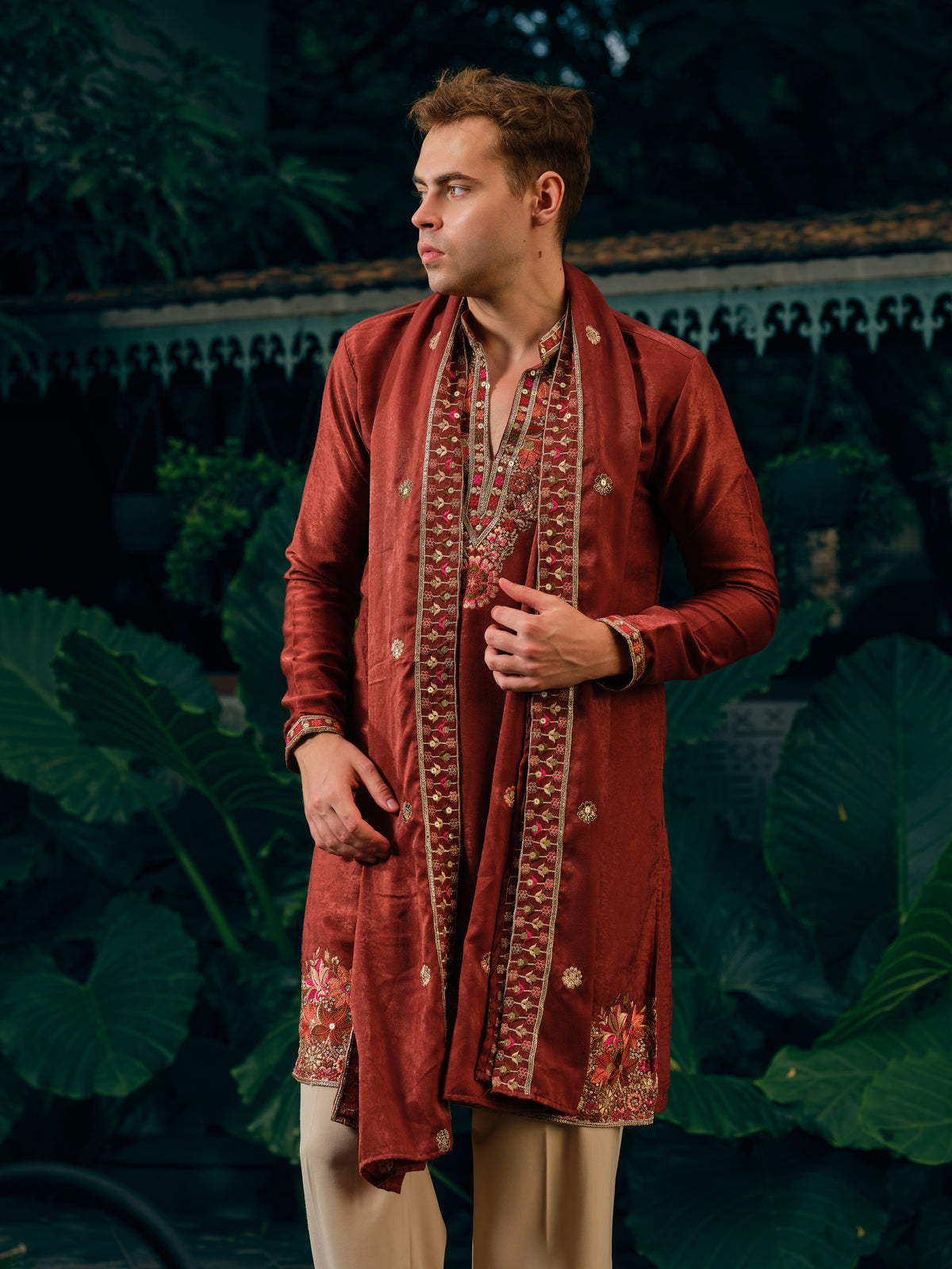 Copper Rust Korean Velvet Kurta Dupatta Set with Embroidery