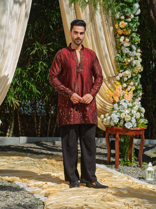 Red Tissue Organza Kurta–Bottom Set with Sequins & Thread Embroidery