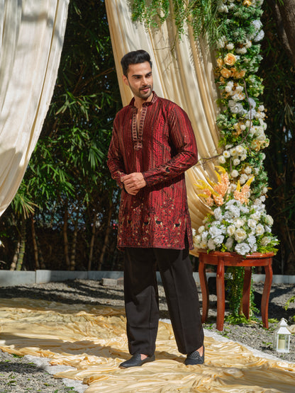 Red Tissue Organza Kurta–Bottom Set with Sequins & Thread Embroidery