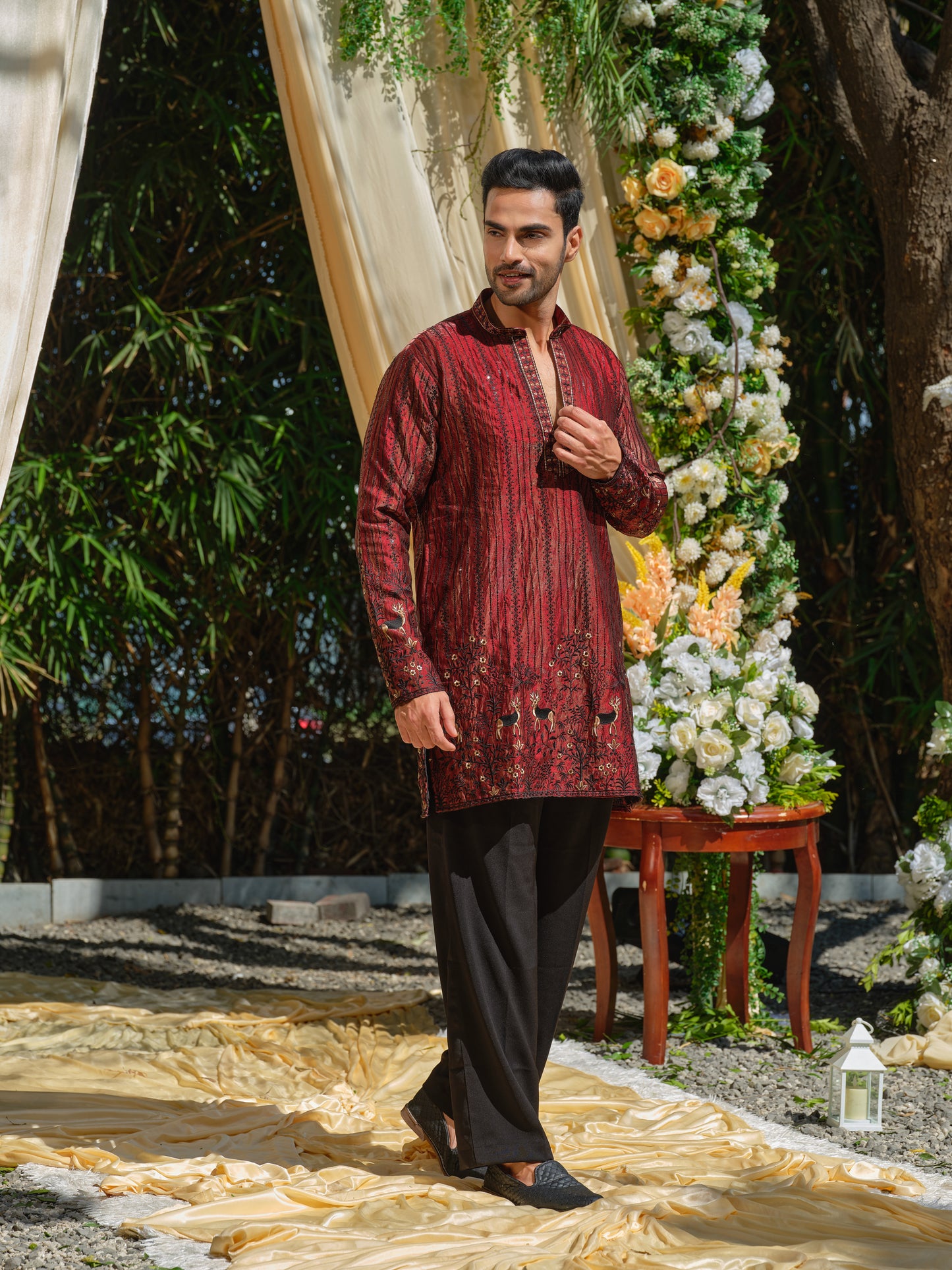 Red Tissue Organza Kurta–Bottom Set with Sequins & Thread Embroidery