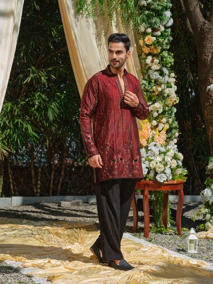 Red Tissue Organza Kurta–Bottom Set with Sequins & Thread Embroidery