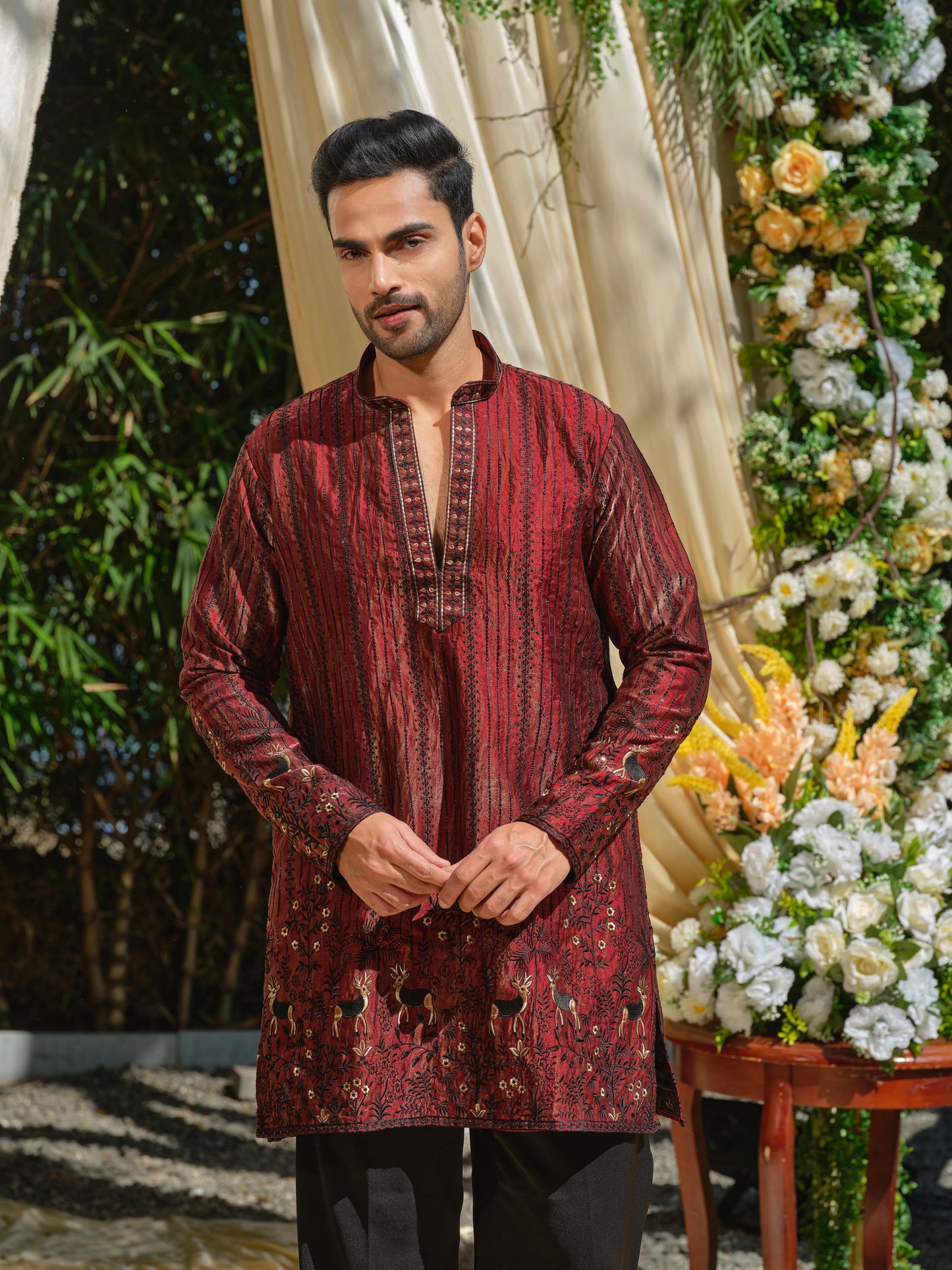 Red Tissue Organza Kurta–Bottom Set with Sequins & Thread Embroidery