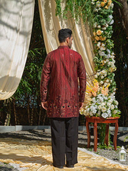 Red Tissue Organza Kurta–Bottom Set with Sequins & Thread Embroidery