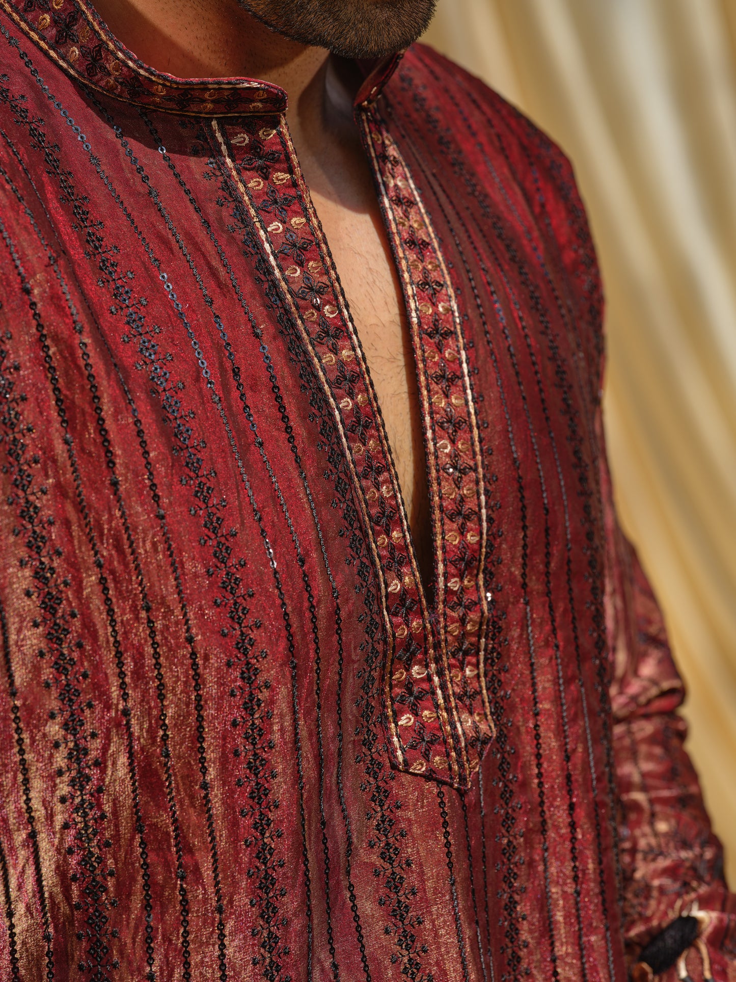 Red Tissue Organza Kurta–Bottom Set with Sequins & Thread Embroidery