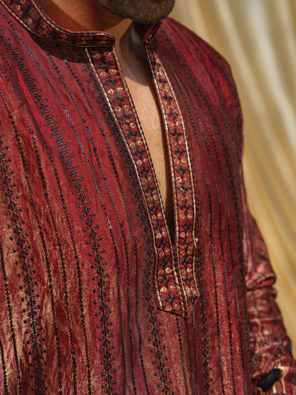 Red Tissue Organza Kurta–Bottom Set with Sequins & Thread Embroidery