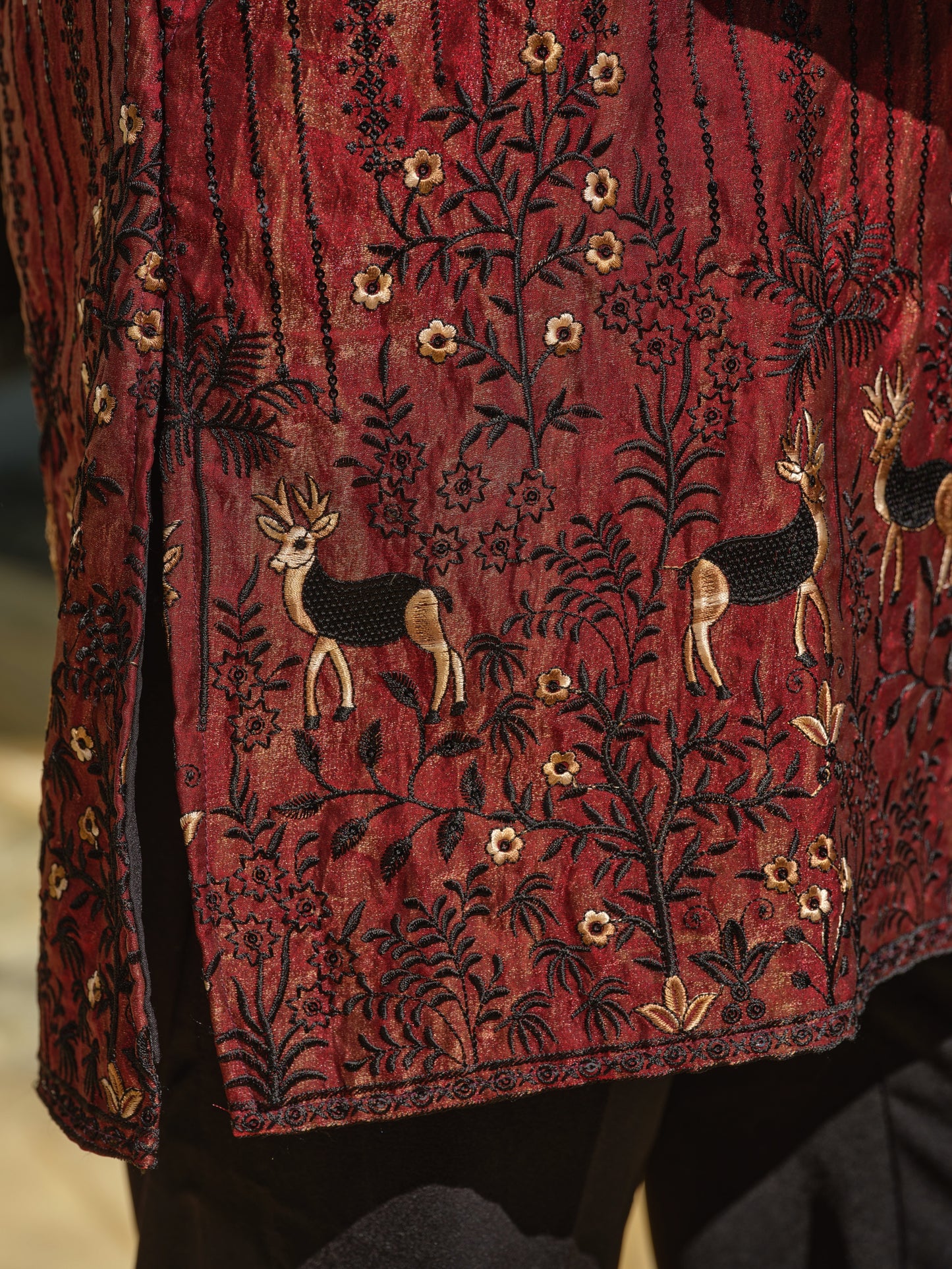Red Tissue Organza Kurta–Bottom Set with Sequins & Thread Embroidery