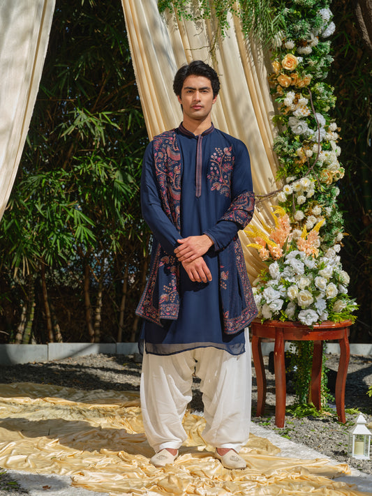 Navy Blue Georgette Kurta Set with Thread Work Embroidery & Dupatta