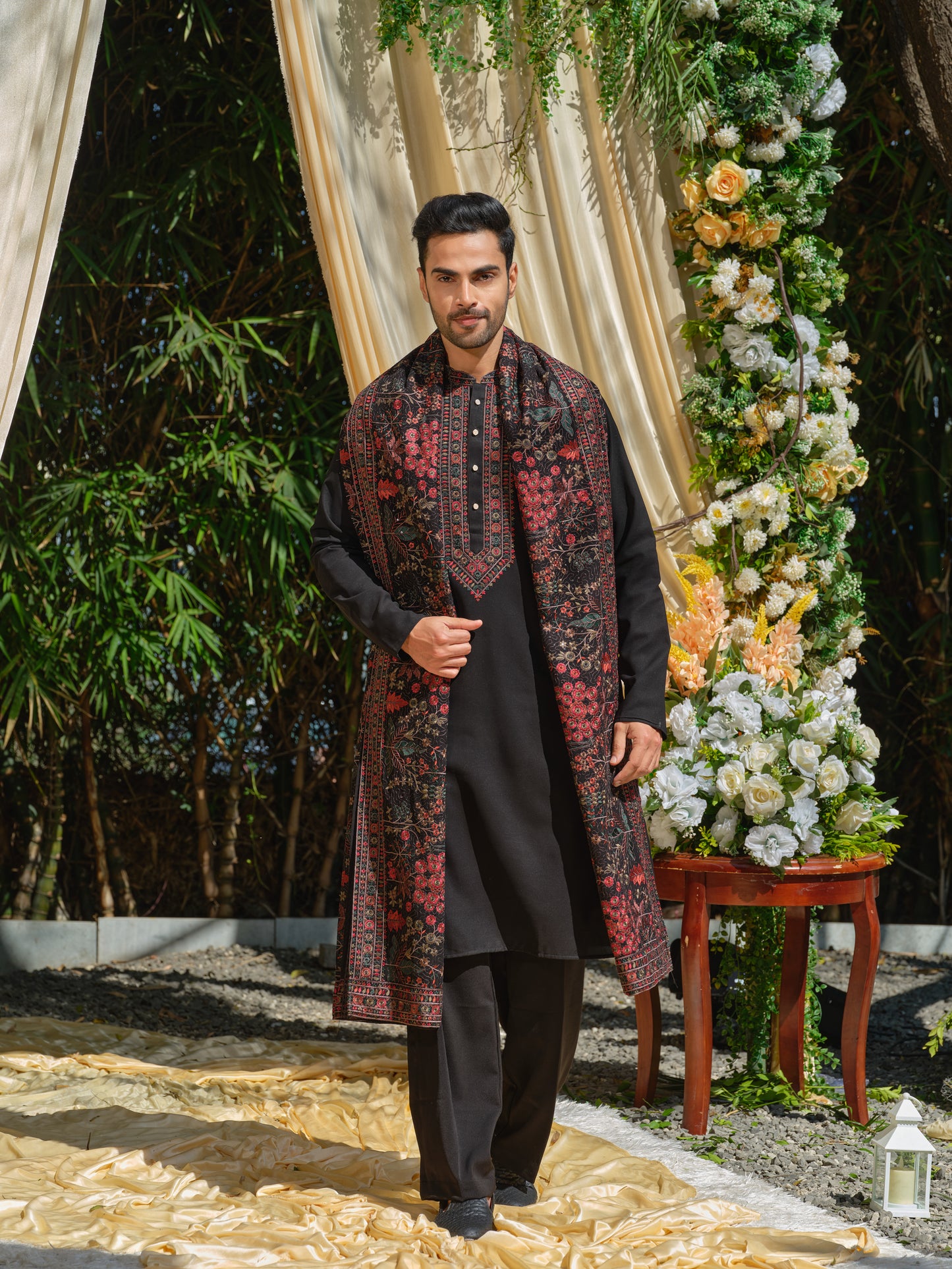 Black Georgette Kurta–Bottom–Dupatta Set with Multicolour Thread Work Embroidery