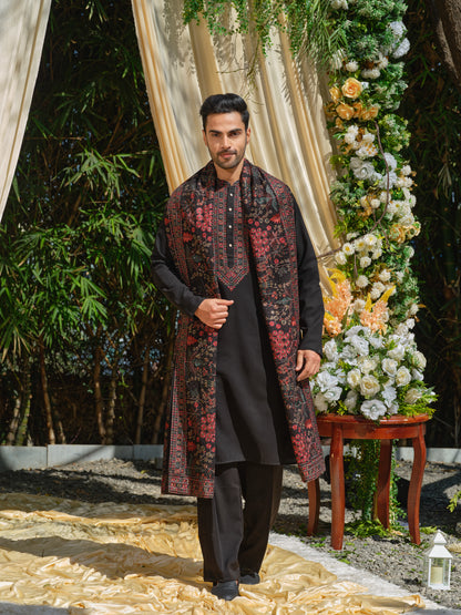 Black Georgette Kurta–Bottom–Dupatta Set with Multicolour Thread Work Embroidery