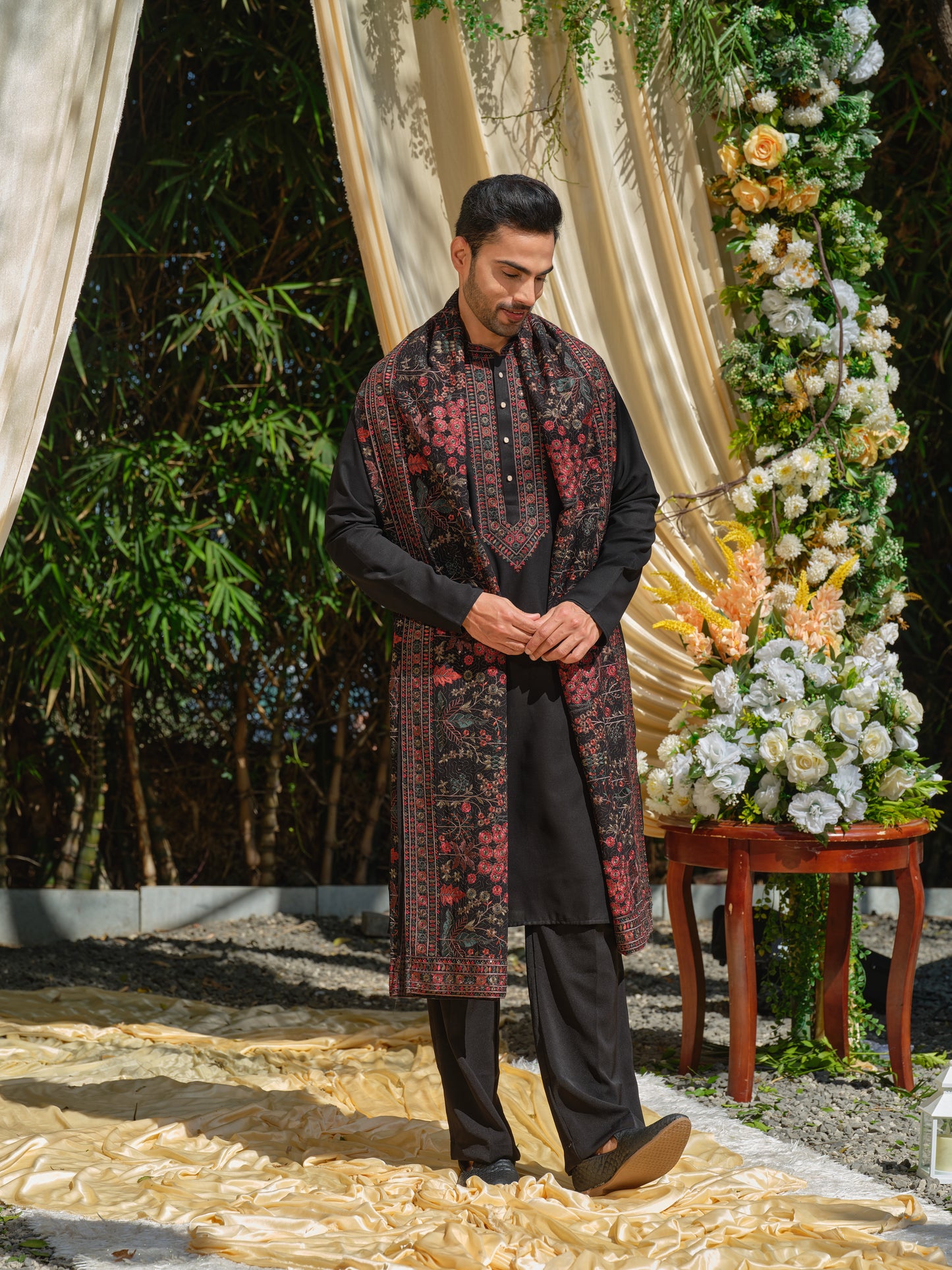 Black Georgette Kurta–Bottom–Dupatta Set with Multicolour Thread Work Embroidery