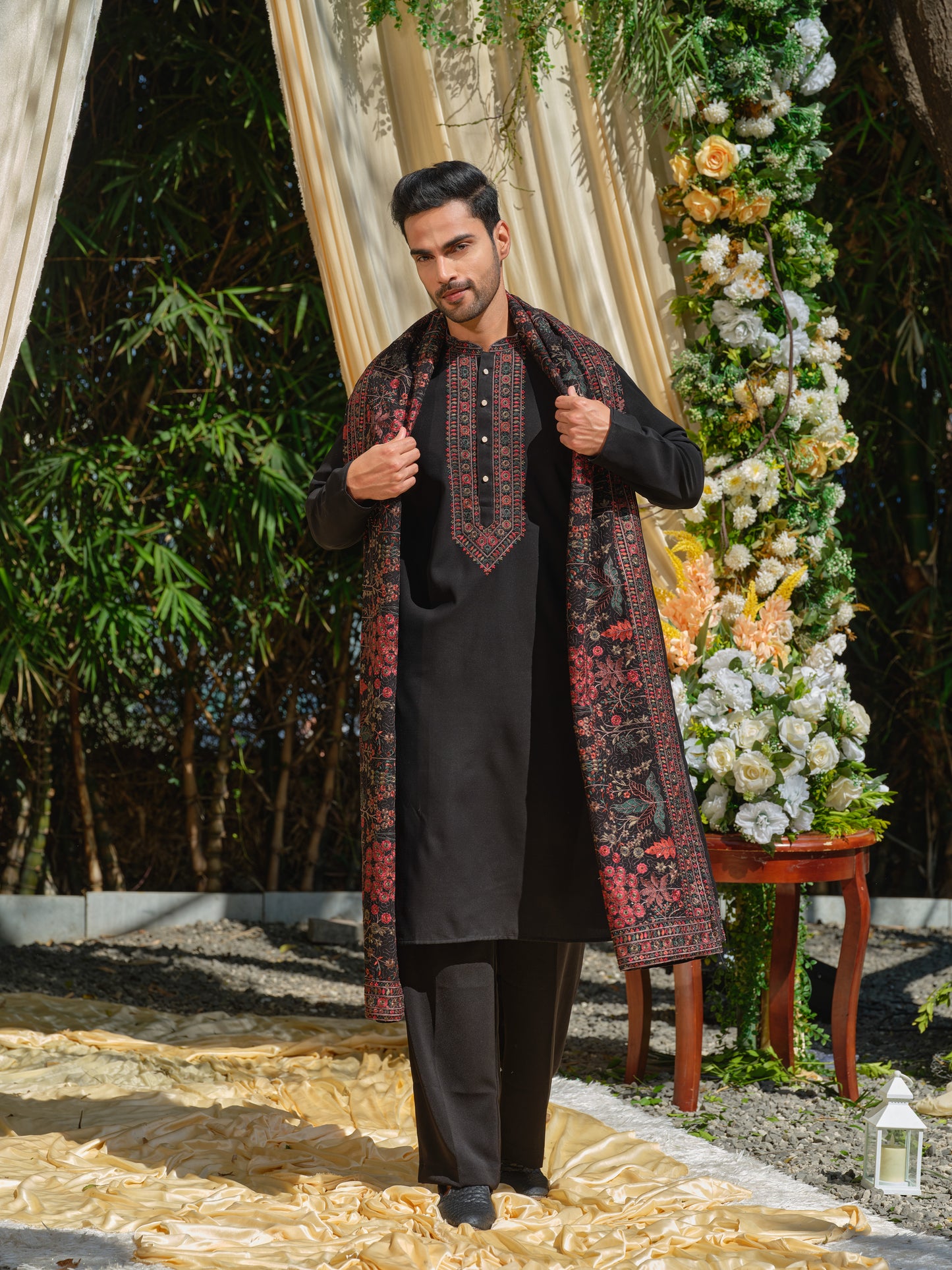 Black Georgette Kurta–Bottom–Dupatta Set with Multicolour Thread Work Embroidery