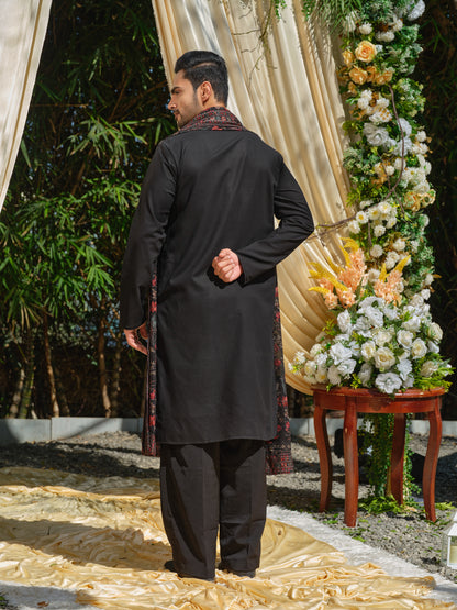 Black Georgette Kurta–Bottom–Dupatta Set with Multicolour Thread Work Embroidery