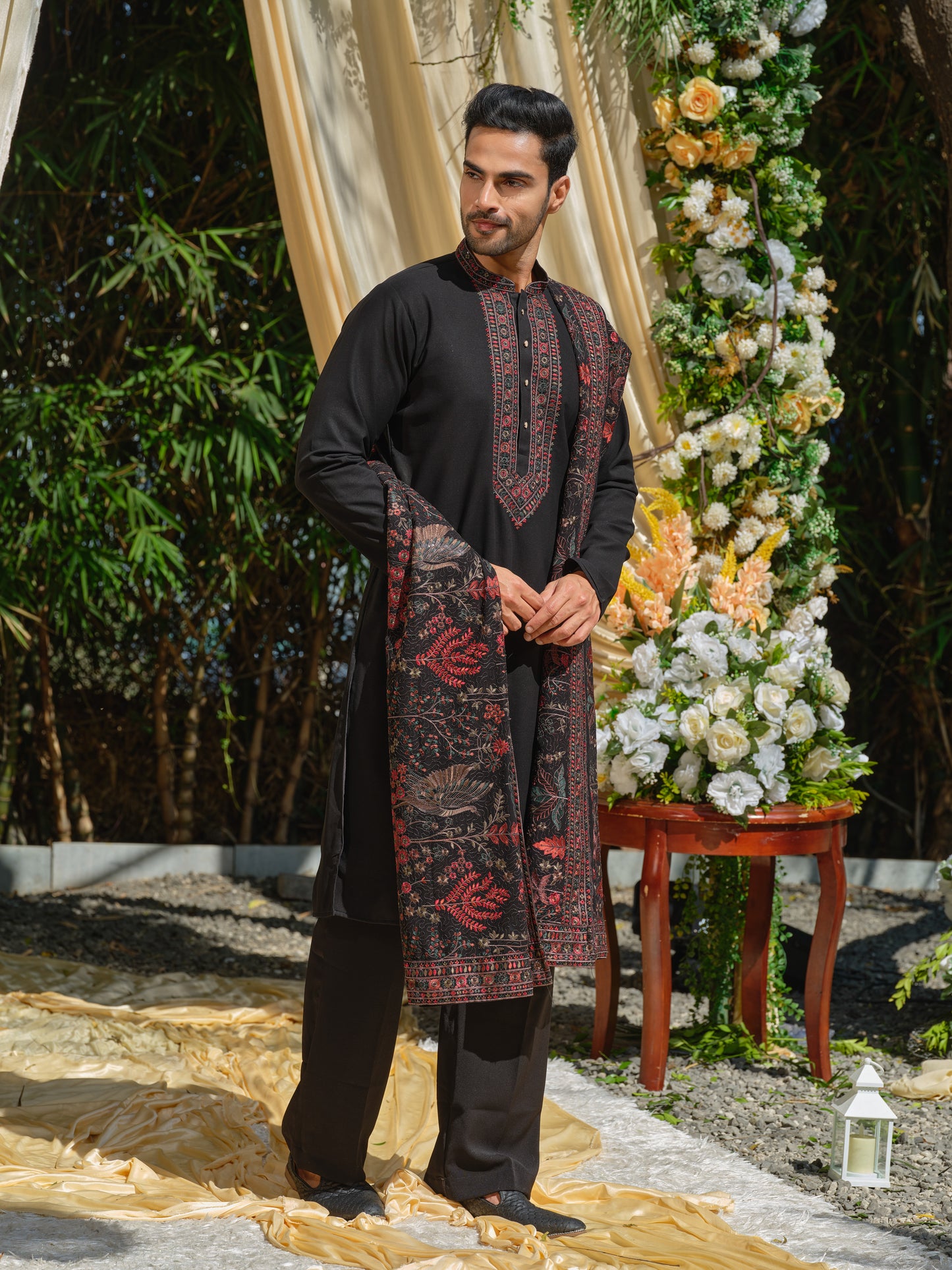 Black Georgette Kurta–Bottom–Dupatta Set with Multicolour Thread Work Embroidery