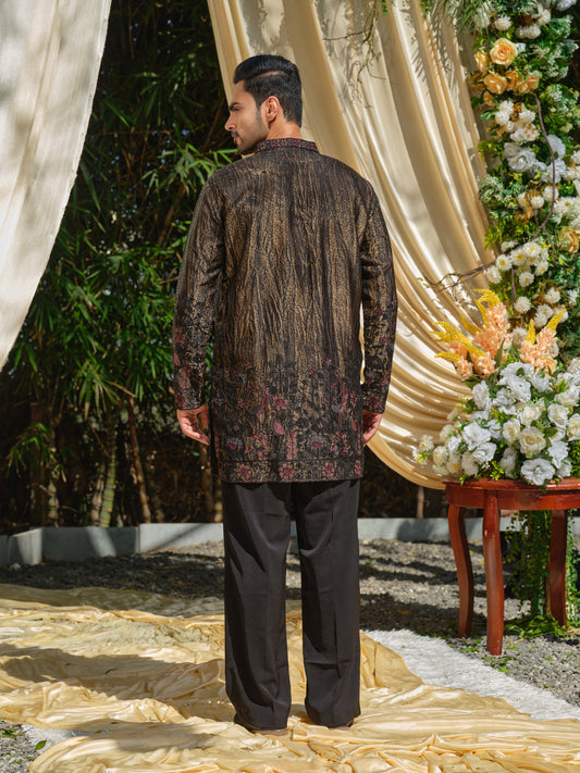 Men’s Black Gold Tissue Organza Kurta–Bottom Set with Swarovski Stones & Chain Stitch Embroidery