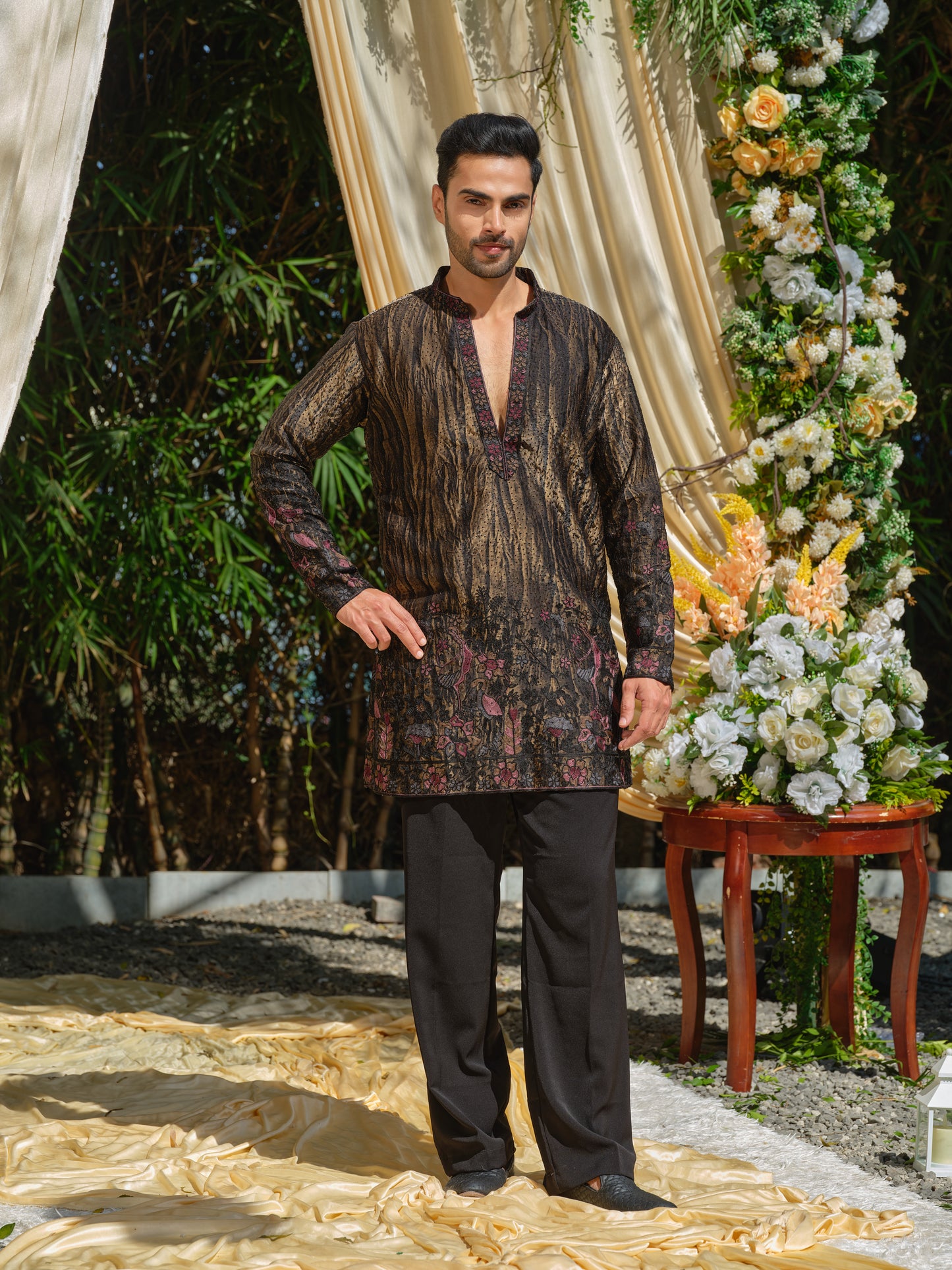 Black & Gold Tissue Organza Kurta–Bottom Set with Swarovski Embellishment