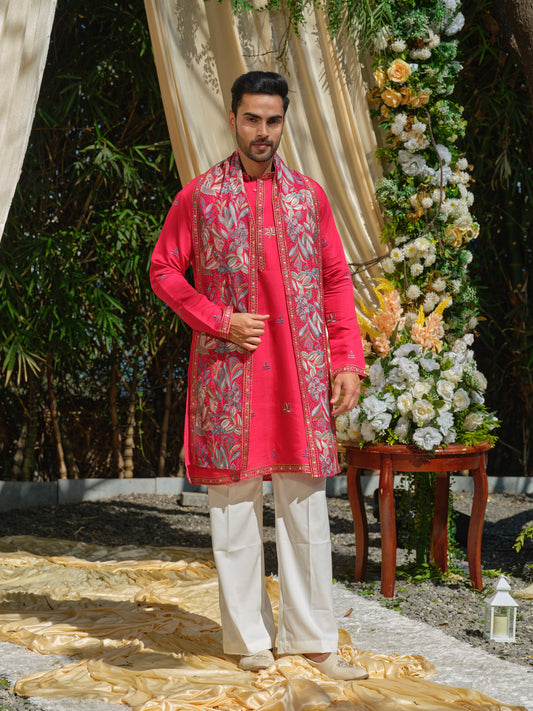 Men’s Pink Fendi Kurta–Bottom–Stole Set with Multicolour Thread Work