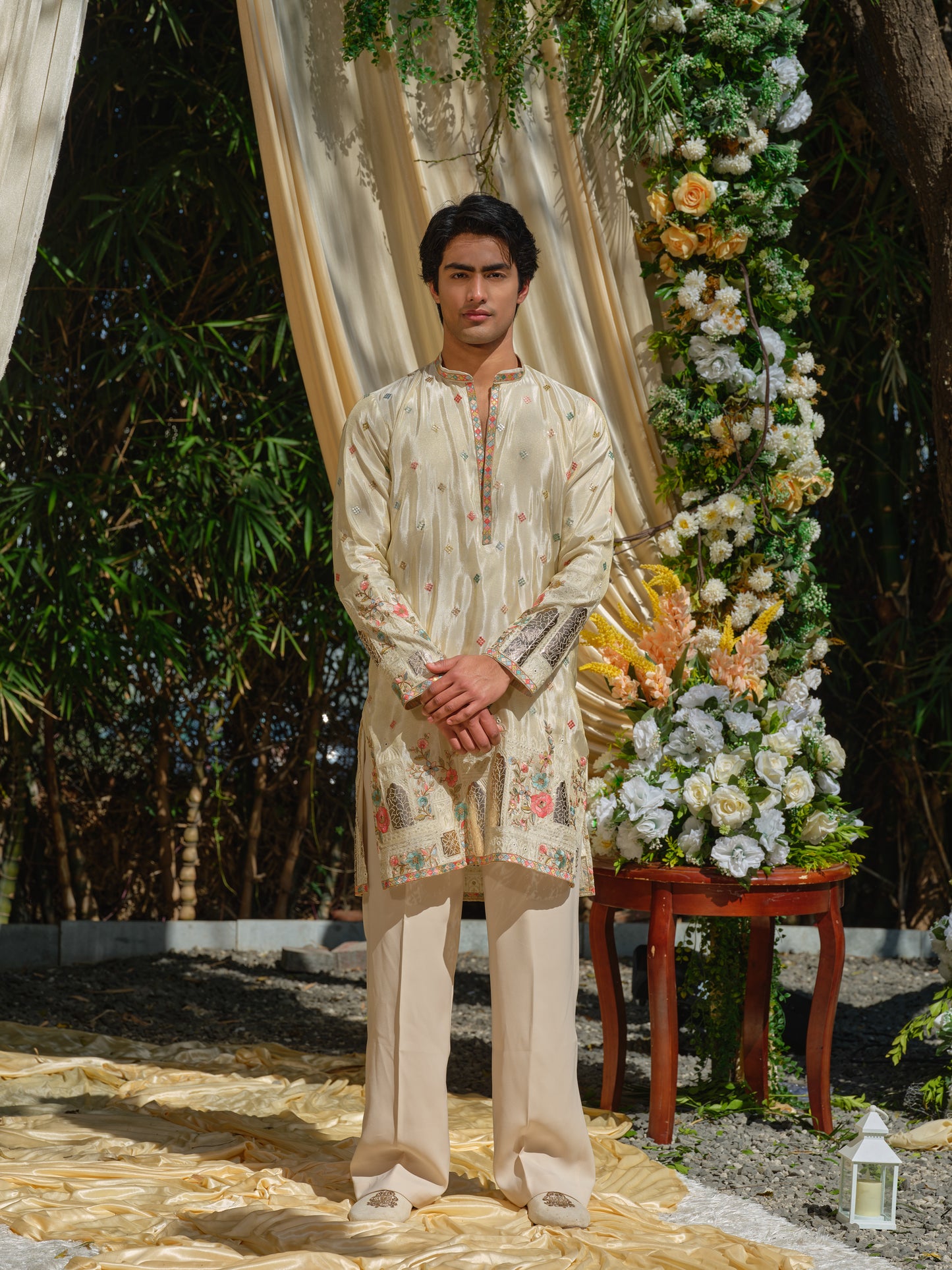 Beige Tissue Kurta–Bottom Set with Thread & Foil Embroidery