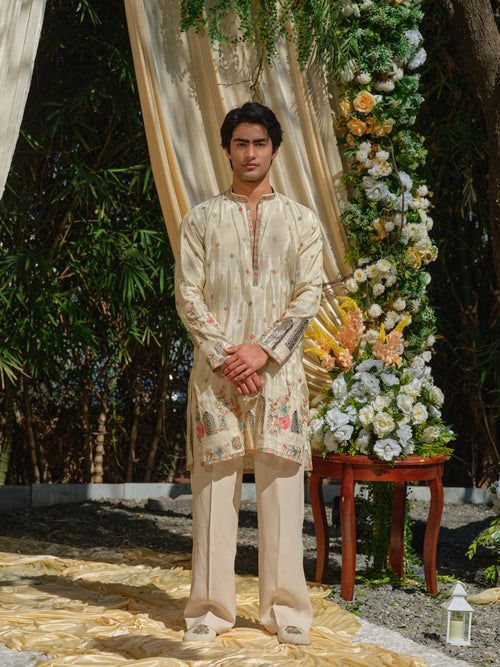 Beige Tissue Kurta–Bottom Set with Thread & Foil Embroidery
