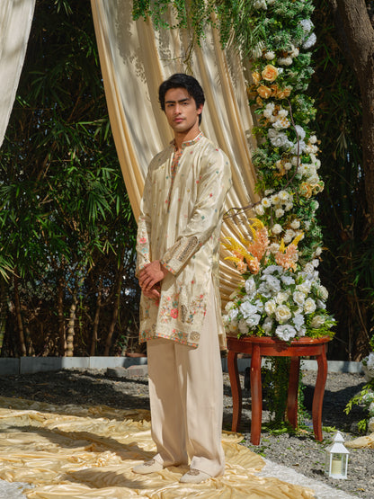 Beige Tissue Kurta–Bottom Set with Thread & Foil Embroidery