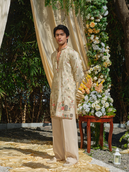 Beige Tissue Kurta–Bottom Set with Thread & Foil Embroidery