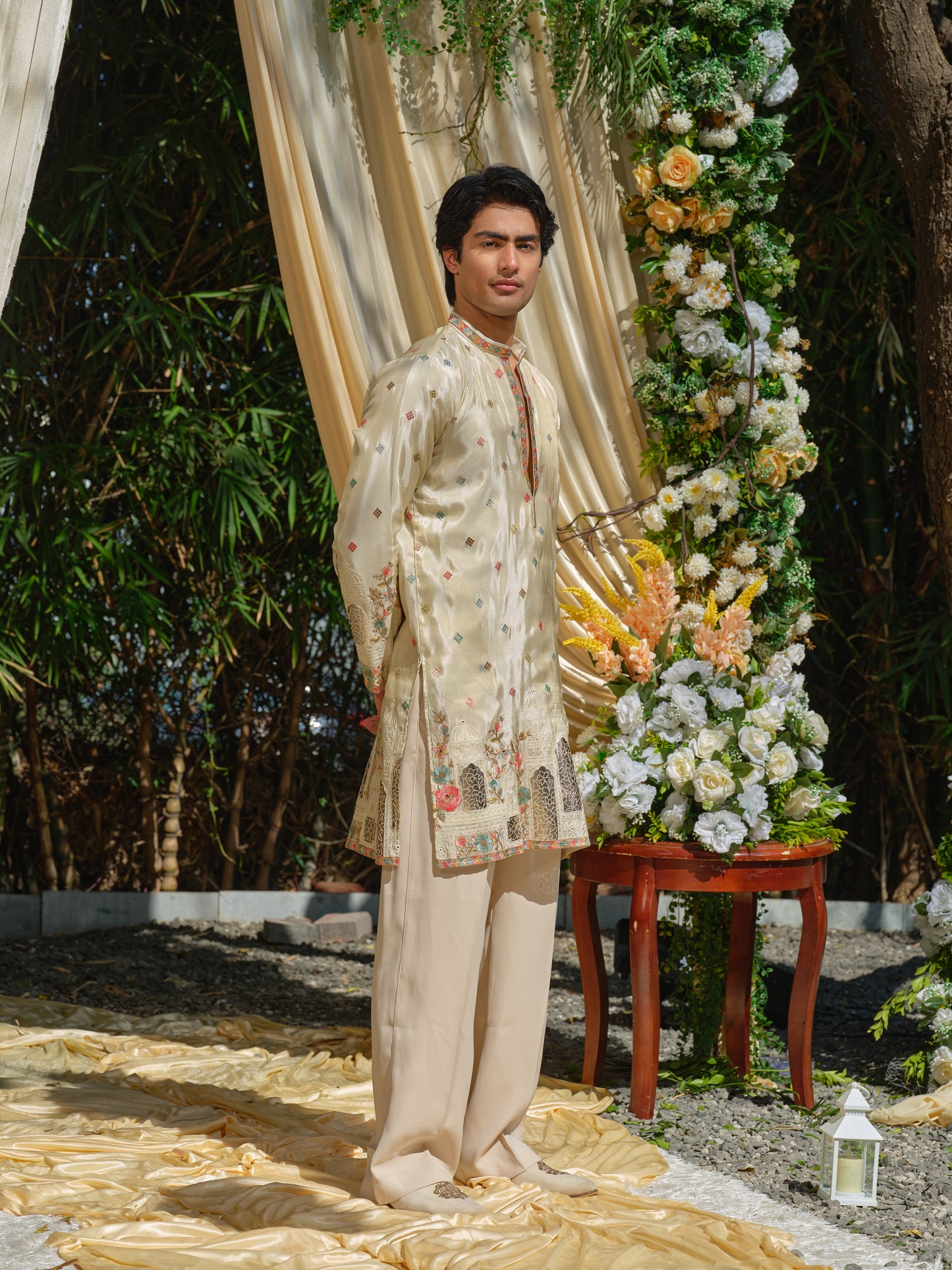 Beige Tissue Kurta–Bottom Set with Thread & Foil Embroidery