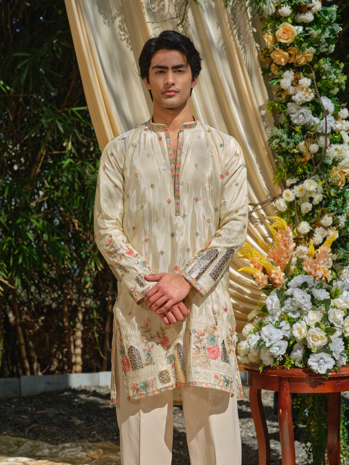 Beige Tissue Kurta–Bottom Set with Thread & Foil Embroidery