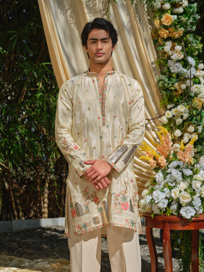 Beige Tissue Kurta–Bottom Set with Thread & Foil Embroidery