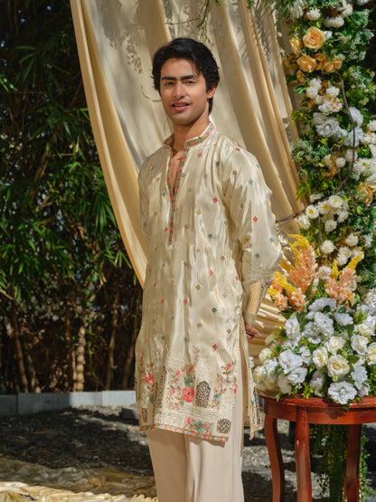 Beige Tissue Kurta–Bottom Set with Thread & Foil Embroidery