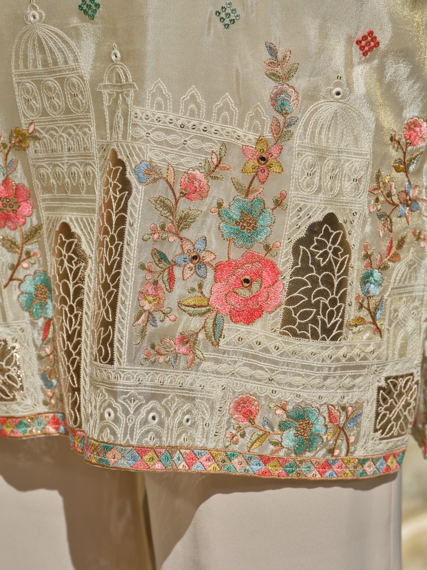 Beige Tissue Kurta–Bottom Set with Thread & Foil Embroidery