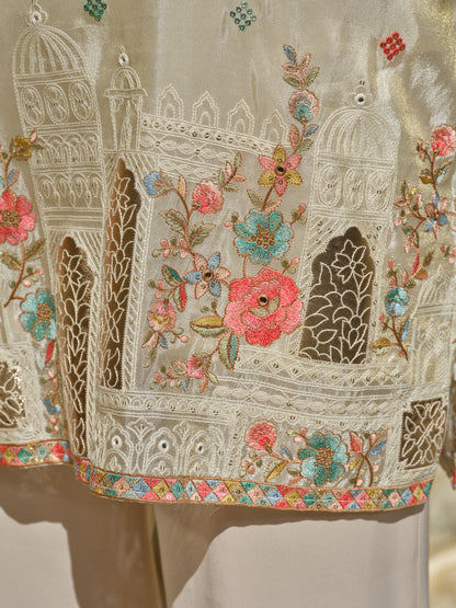 Beige Tissue Kurta–Bottom Set with Thread & Foil Embroidery