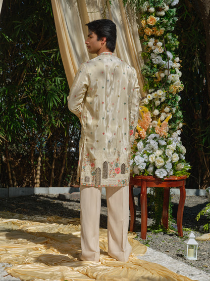 Beige Tissue Kurta–Bottom Set with Thread & Foil Embroidery
