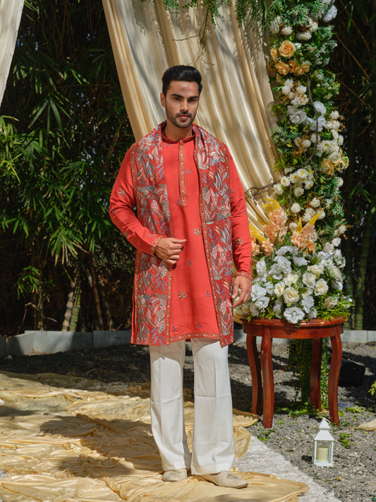 Vermilion Fendi Kurta Set with Multicolour Thread Work Embroidery & Embroidered Stole