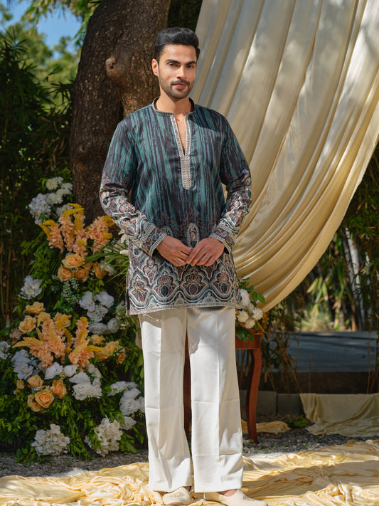 Men’s Blue Shimmer Printed Tissue Kurta–Bottom Set with Chain Stitch Embroidery