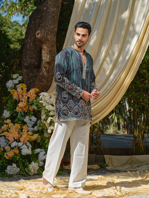 Blue Shimmer Printed Tissue Kurta–Bottom Set with Chain Stitch Embroidery