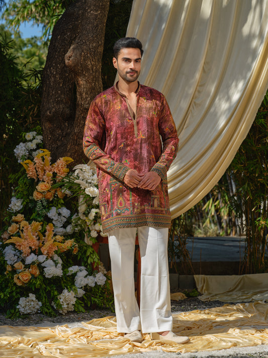 Men’s Maroon Tissue Kurta–Bottom Set with Zari Embroidery & Position Print